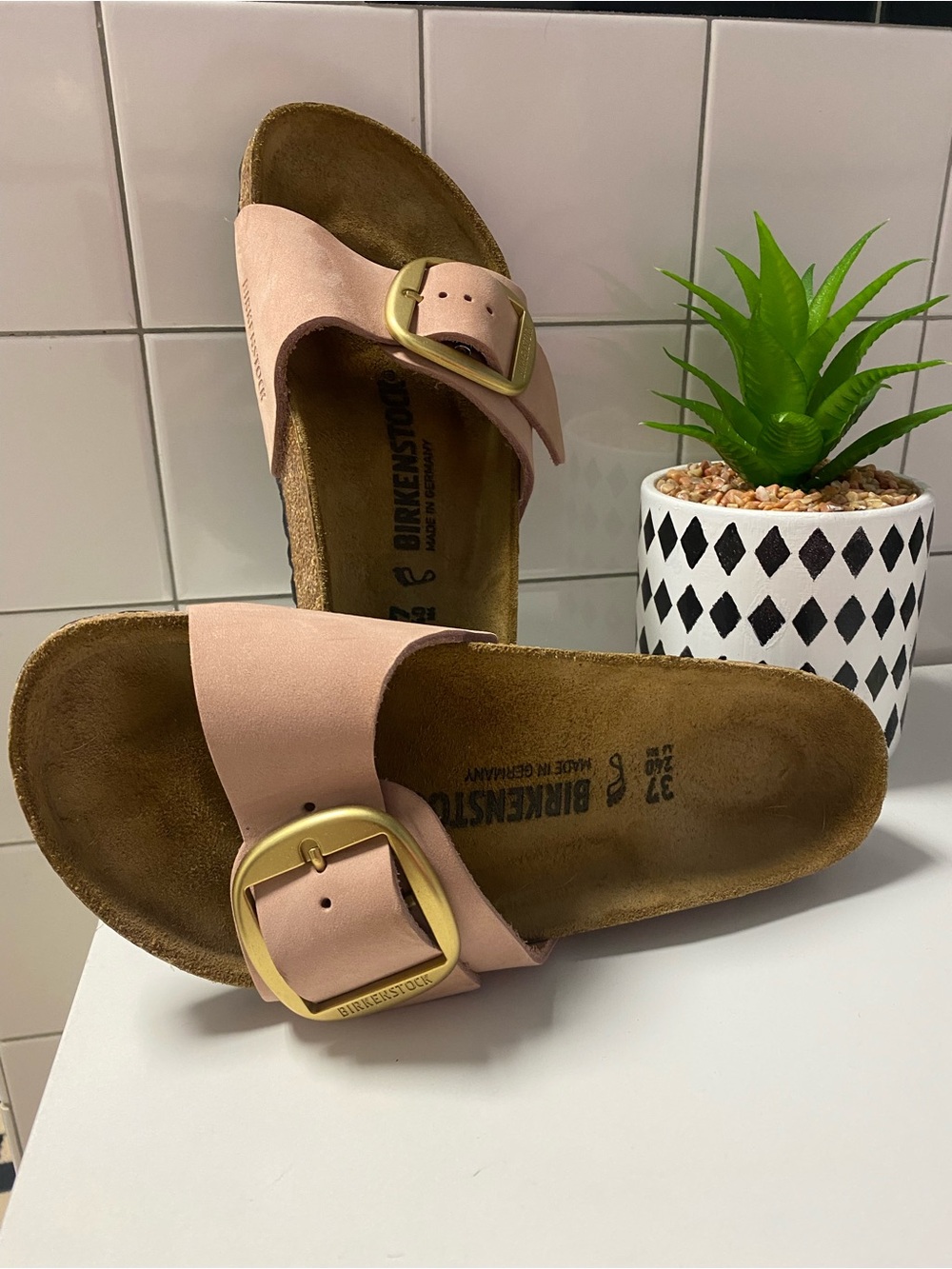 Birkenstock Madrid Big Buckle Slide Sandals in Blush Pink Suede - Picture 3 of 5